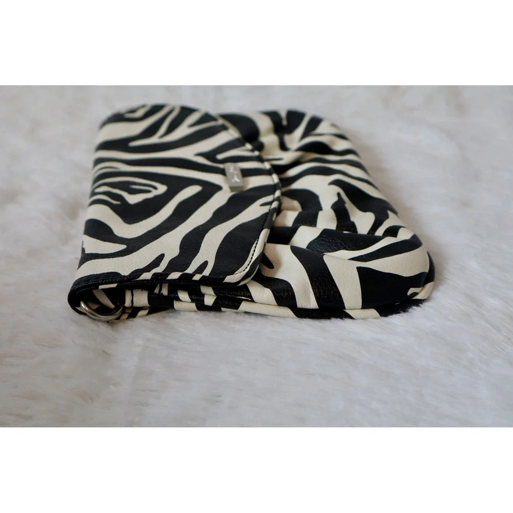 Grace Adele Zebra Print Clutch Bag Black White Faux Leather Red Lining Snap Flap